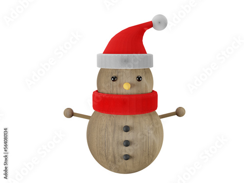 3d render of brown wooden snowman with red hair velvet scarf and hat isolated on transparent background
