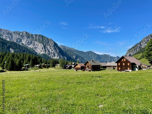 Panoramic view of wooden huts in Nenzinger Himmel. Vorarlberg, Austria.