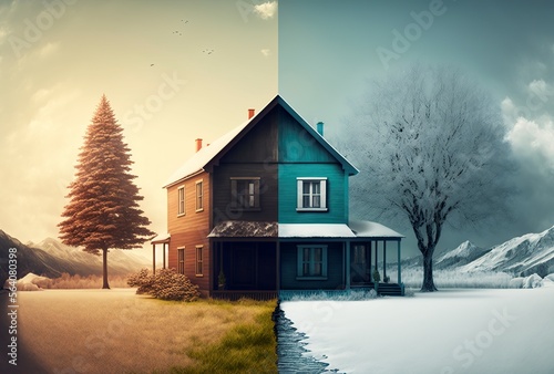illustration of two halves of a house, different climates, generative ai.
