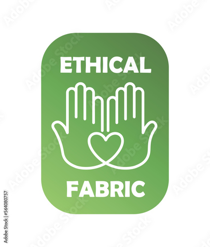 Ethical fabric logo. Silhouette of hands holding heart. Activism and volunteering, responsible production and business. Reducing emissions of harmful substances. Cartoon flat vector illustration
