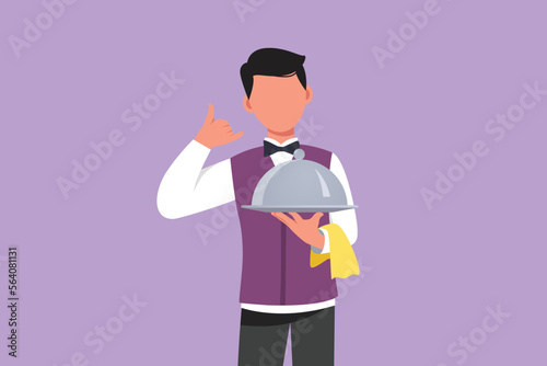 Cartoon flat style drawing male waiter holding tray of delicious meals with call me gesture serving customers in restaurant. Working hard to make guests feel happy. Graphic design vector illustration