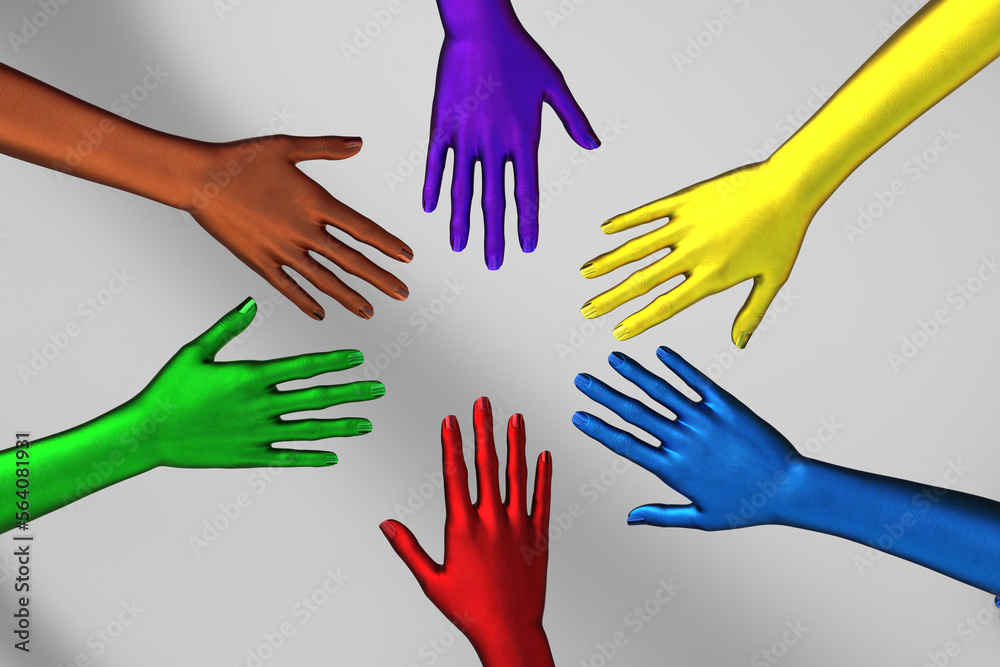 Multi-colored female hands on top of each other as a team. 3d illustration.