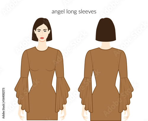 Angel sleeves Dalmation, flared long length clothes - ruffle dresses in women, tops, shirts technical fashion illustration, fitted. Flat apparel template front, back sides. Women men unisex CAD mockup
