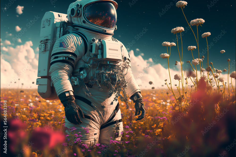 astronaut, stands in a field of flowers, surrounded by the beauty of nature.His journey has inspired many to look closer at our planet and its environment. generative ai astronaut, stands in a field of flowers, surrounded by the beauty of nature.His journey has inspired many to look closer at our planet and its environment. generative ai
