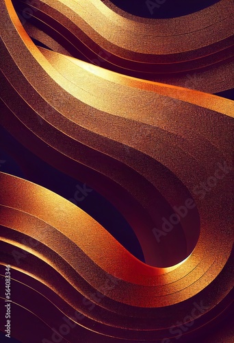 Gold and brown wavy shapes abstract background. Decorative vertical illustration with metalic texture. Shiny material Gold and brown wavy shapes pattern.