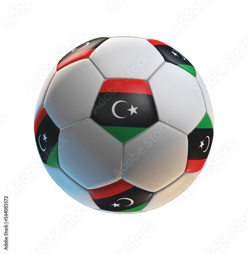 Soccer ball with the flag of Libya on isolated transparent. 3D Rendering