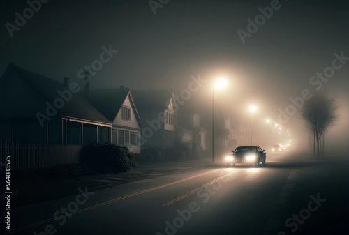 Foggy street in the night - Generative AI