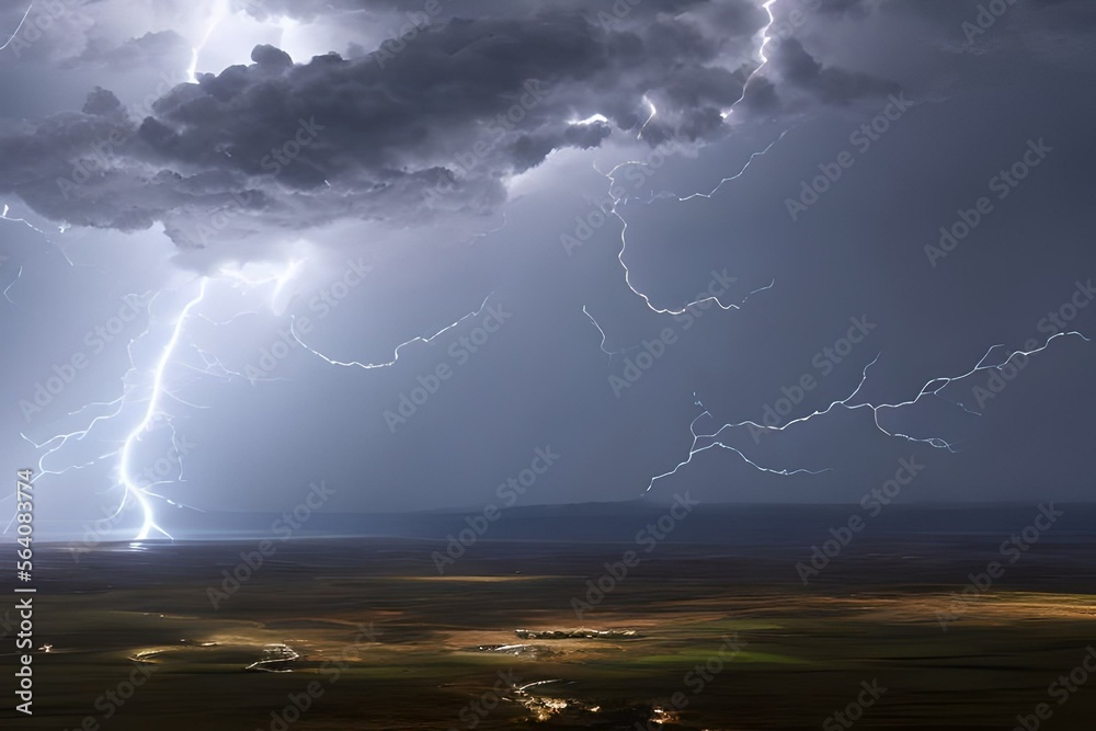 A dark windy sky with black clouds and flashes of lightning flashing from behind where the sun and rays are directly visible, Generative Ai A dark windy sky with black clouds and flashes of lightning flashing from behind where the sun and rays are directly visible, Generative Ai