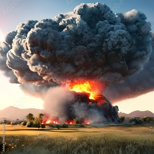 Huge Bomb Explosion in City 3D Artwork Apocalyptic Illustration, Generative Ai
