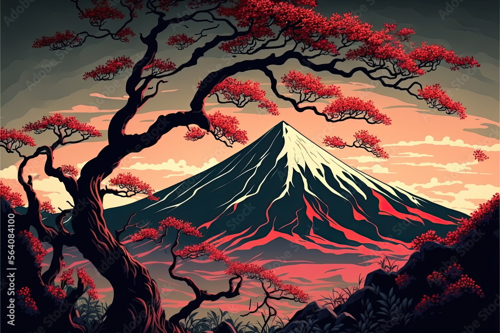 nice landscape with fuji mountain , tree , japan, Made by AI,Artificial intelligence