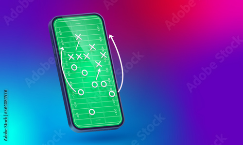 Smartphone with American Football play plan on app. Tactic formation NFL betting on mobile phone