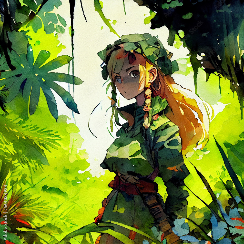 Japan anime style A beautiful tanned girl with naturalhair stands in the jungle among exotic plants