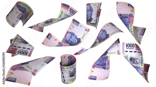 Set of 1000 Mexican peso notes flying in different angles and orientations
