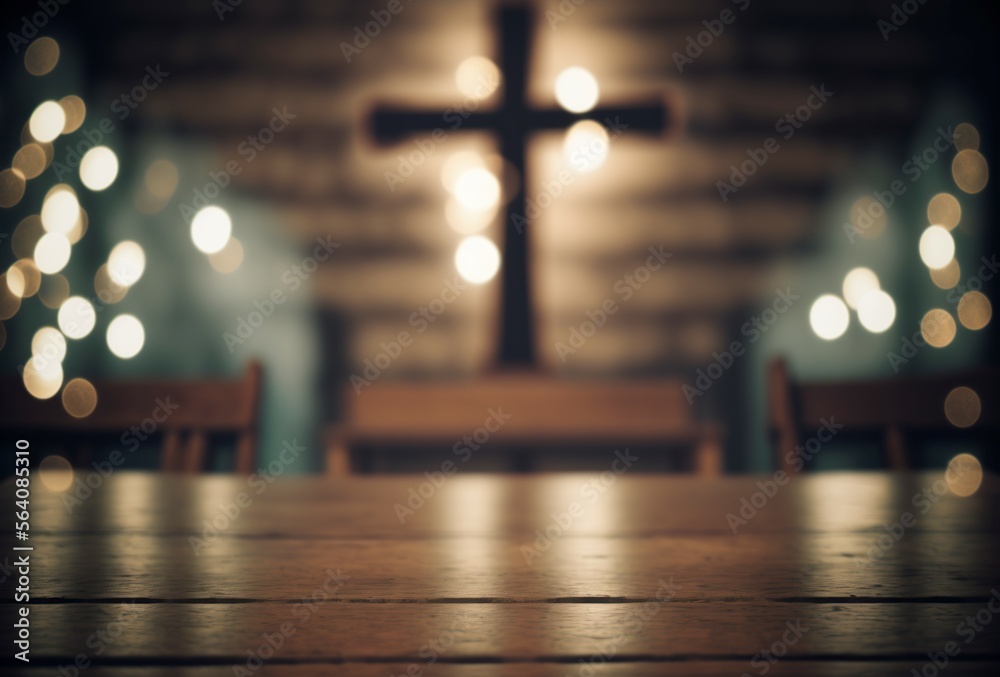 illustration of a Church Interior with bokeh ceremony lighting and a wooden crucifix on a wooden table. generative AI
