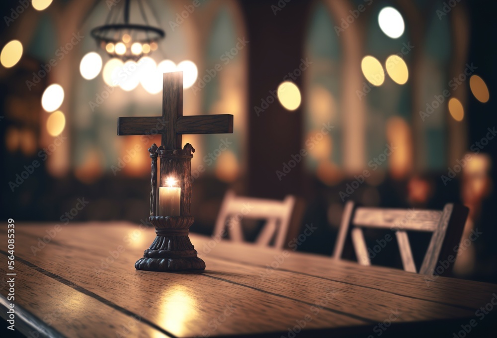 illustration of a Church Interior with bokeh ceremony lighting and a wooden crucifix on a wooden table. generative AI illustration of a Church Interior with bokeh ceremony lighting and a wooden crucifix on a wooden table. generative AI