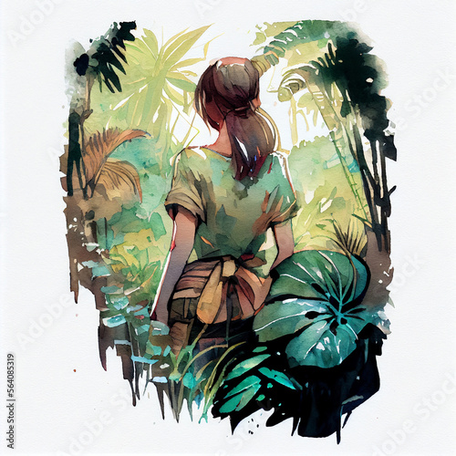 Japan anime style A beautiful tanned girl with naturalhair stands in the jungle among exotic plants photo