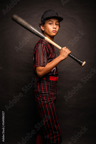 Youth Male Boy Baseball Player in Studio with Bat