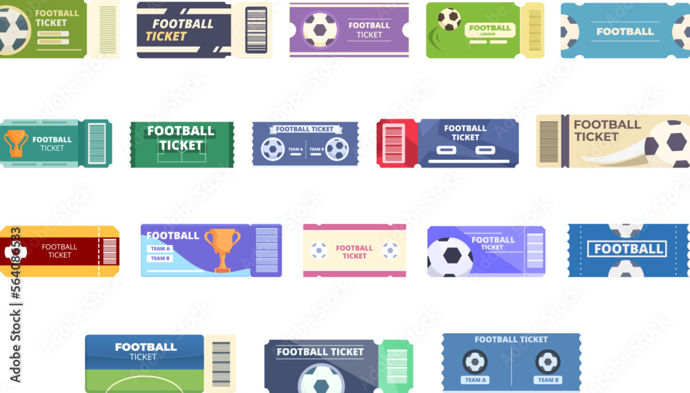 Soccer tickets icons set cartoon vector. Win invite. Coupon match