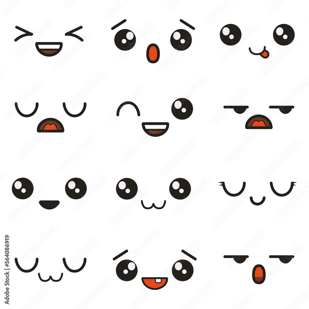Cute doodle emoticons with facial expressions. Japanese anime style emotion faces and kawaii emoji icons vector set