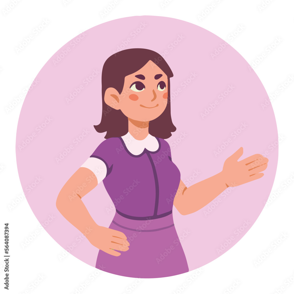 Pink Female character, woman doing a presentation, female guide on website, flat cartoon vector illustration, website icon Pink Female character, woman doing a presentation, female guide on website, flat cartoon vector illustration, website icon