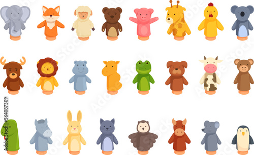 Hand puppet toys icons set cartoon vector. Animal finger. Sock child