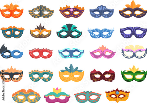 Carnival of Venice icons set cartoon vector. Costume mask. Hero man