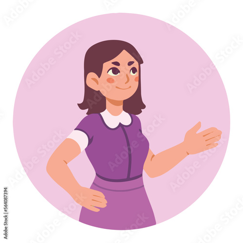 Pink Female character, woman doing a presentation, female guide on website, flat cartoon vector illustration, website icon