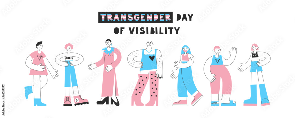 Transgender day of visibility. Set of trans mtf and ftm people with flag  colors and lgbt symbols. Equality, diversity, inclusion, rights concept.  Vector flat illustration. Stock Vector