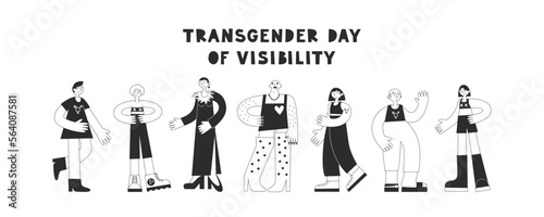 Transgender day of visibility. Set of trans mtf and ftm people with lgbt symbols in black and white. Equality, diversity, inclusion, rights concept. Vector flat illustration.
