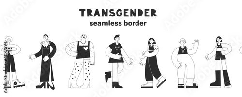 Transgender day of visibility seamless border. Set of trans mtf and ftm people with lgbt symbols in black and white. Equality, diversity, inclusion, rights concept. Vector flat illustration.