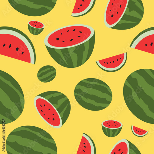 Fototapeta Naklejka Na Ścianę i Meble -  seamless pattern background lots of watermelons. whole watermelon, sliced watermelon. vector illustration in flat cartoon style.