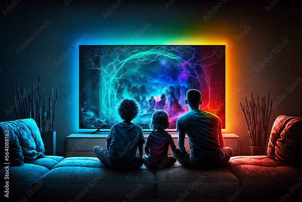 Family Sitting Watching TV of the Future. Post-produced Generative AI digital illustration. Family Sitting Watching TV of the Future. Post-produced Generative AI digital illustration.