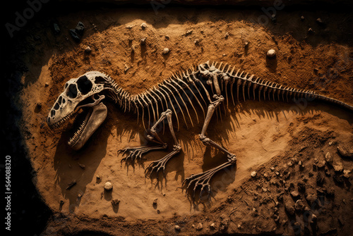 Illustration, Skelett eines Dinosaurier in der Erde - Generative AI © Jürgen Fälchle