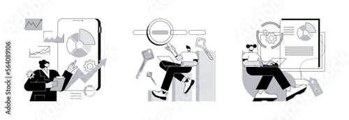 Search engine marketing abstract concept vector illustration set. Mobile SEO agency, keyword ranking, alt tag optimization, website ranking, search optimization, page navigation abstract metaphor.