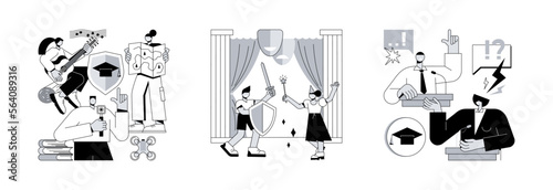 After-school activity abstract concept vector illustration set. Student club, school theater, debating competition, public speaking, drama class, college campus event, communication abstract metaphor.