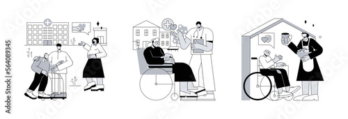 Social services work abstract concept vector illustration set. Social facilities, care for the elderly and disabled people, health care, retired people, nursing home, wheelchair abstract metaphor.