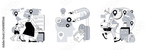 Human capital abstract concept vector illustration set. International migration, brain drain, digital nomad, trained workers, buisness start up, leave country, freelance job abstract metaphor.