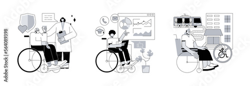 Help for disabled person abstract concept vector illustration set. Social assistance, assistive technology, inaccessible environments, caregiver support, adoptive technology, access abstract metaphor. photo