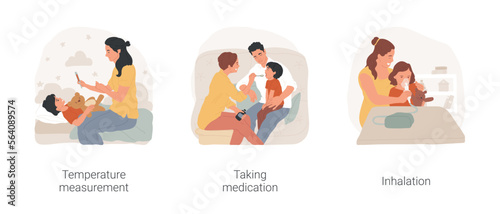 Seasonal flu isolated cartoon vector illustration set. Temperature measurement, child taking medication, give syrup on a spoon, home inhalation procedure, cold and flu treatment vector cartoon.