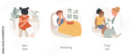 Allergic reaction isolated cartoon vector illustration set. Skin rash, child with red dots on the skin scratching, seasonal allergy treatment, kid sneezing, allergy first aid vector cartoon.