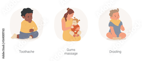 Baby teething isolated cartoon vector illustration set. Infant toothache, growing teeth treatment, gum massage, finger toothbrush, pain relief, baby drooling, early childhood health vector cartoon.