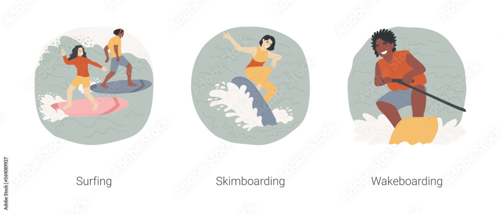 Extreme water sport isolated cartoon vector illustration set. Group of happy teenagers surfing together, teen skimboarding, riding wave, having fun wakeboarding, wake park vector cartoon.
