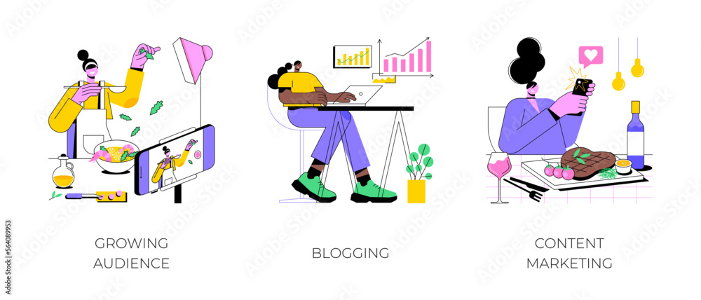 Social media online education isolated cartoon vector illustrations set. Growing audience, blogging and content marketing, smm and copywriting, creative hobby, video tutorial vector cartoon.