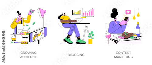 Social media online education isolated cartoon vector illustrations set. Growing audience  blogging and content marketing  smm and copywriting  creative hobby  video tutorial vector cartoon.