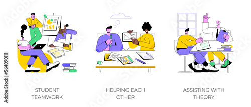 Peer tutoring isolated cartoon vector illustrations set. Student teamwork, helping each other, assisting with theory, making homework together, scientific supervisor, counselling vector cartoon.