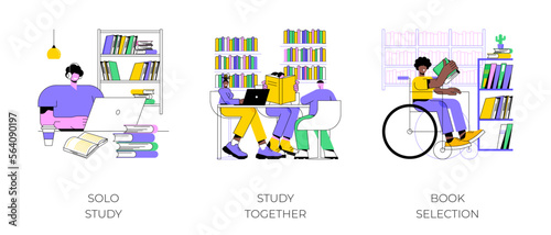 Library isolated cartoon vector illustrations set. Solo study, students studying together in university library, books on the shelf, student lifestyle, educational process at college vector cartoon.