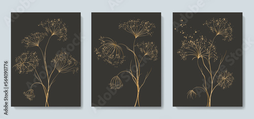 Dark luxury minimalistic art background with flowers and grass in golden art line style. Hand drawn botanical set for decor, packaging, textile, wallpaper, print, poster, fabric.