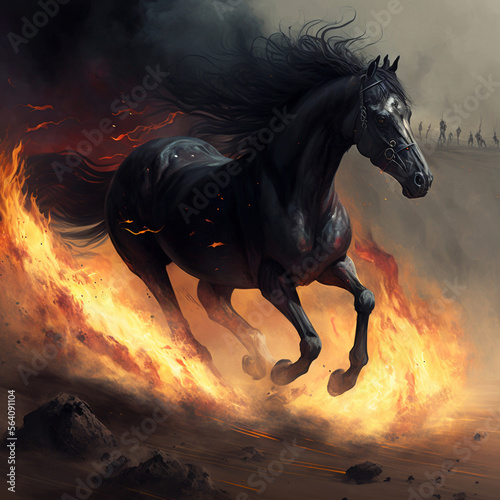 A black horse engulfed in flames gallops across the scorched earth. High quality illustration