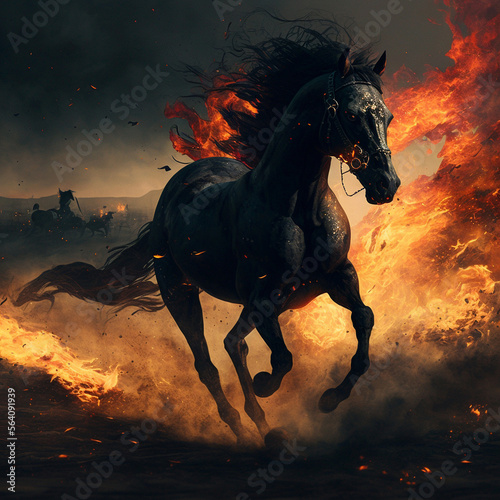 A black horse engulfed in flames gallops across the scorched earth. High quality illustration