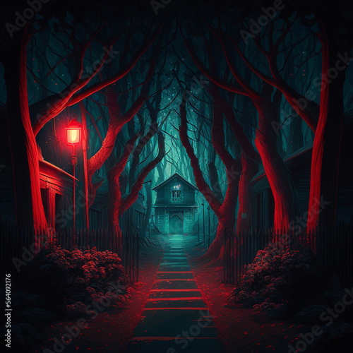 Red Alley at night. High quality illustration